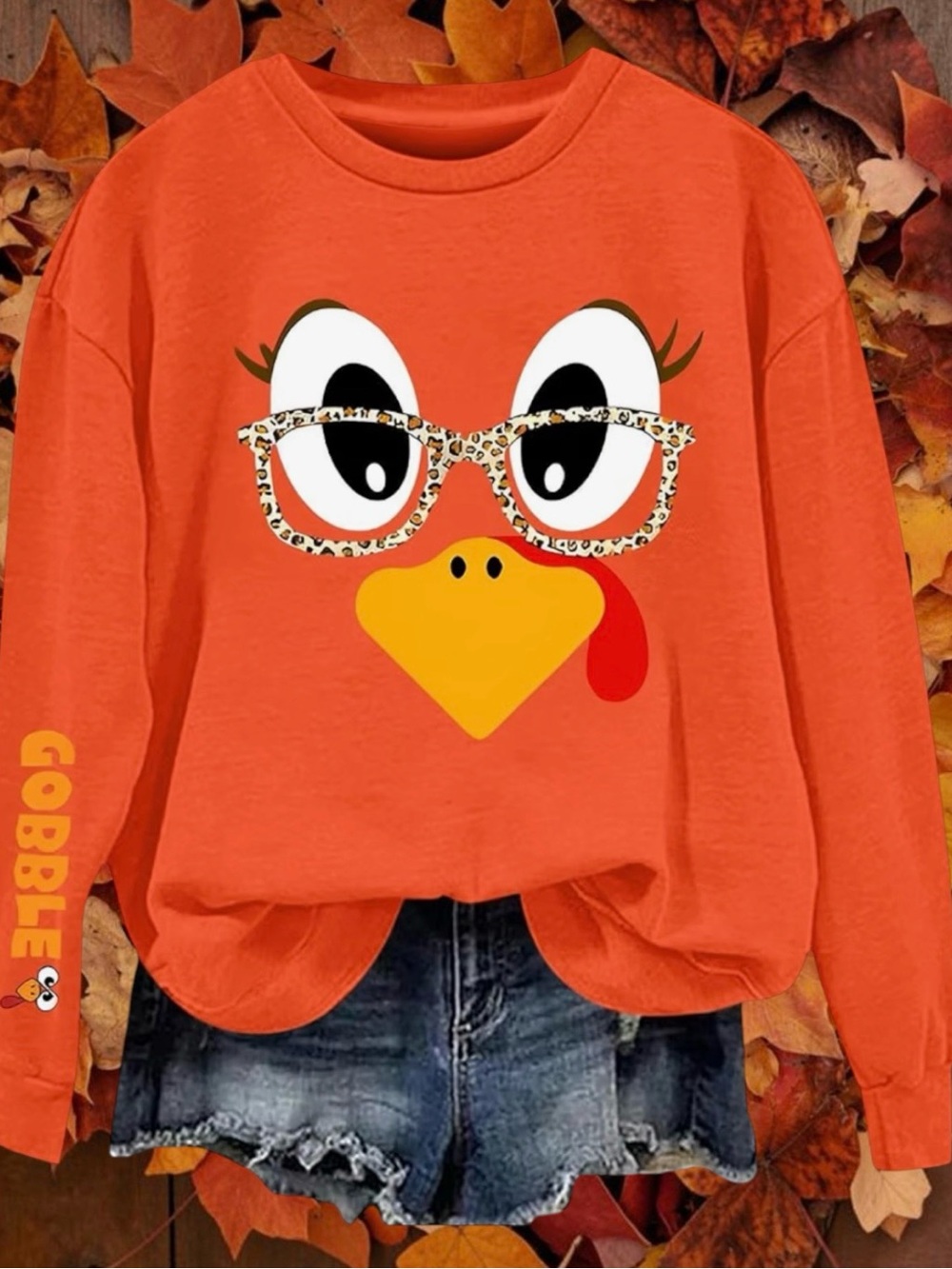 Women's Thanksgiving Turkey Face Graphic Sweatshirt with Leopard Glasses
